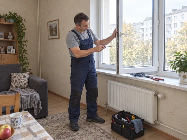 Валерий ремонтирует пластиковое окно